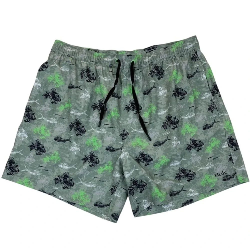 Huk Boardshorts Men XL Green Neon Floral Fish Pursuit‎ Swim Trunks Fishing